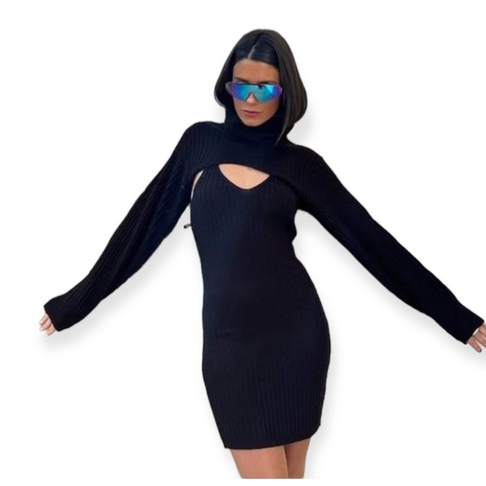 H&M black brown soft knit ribbed dress with cropped turtleneck size xl